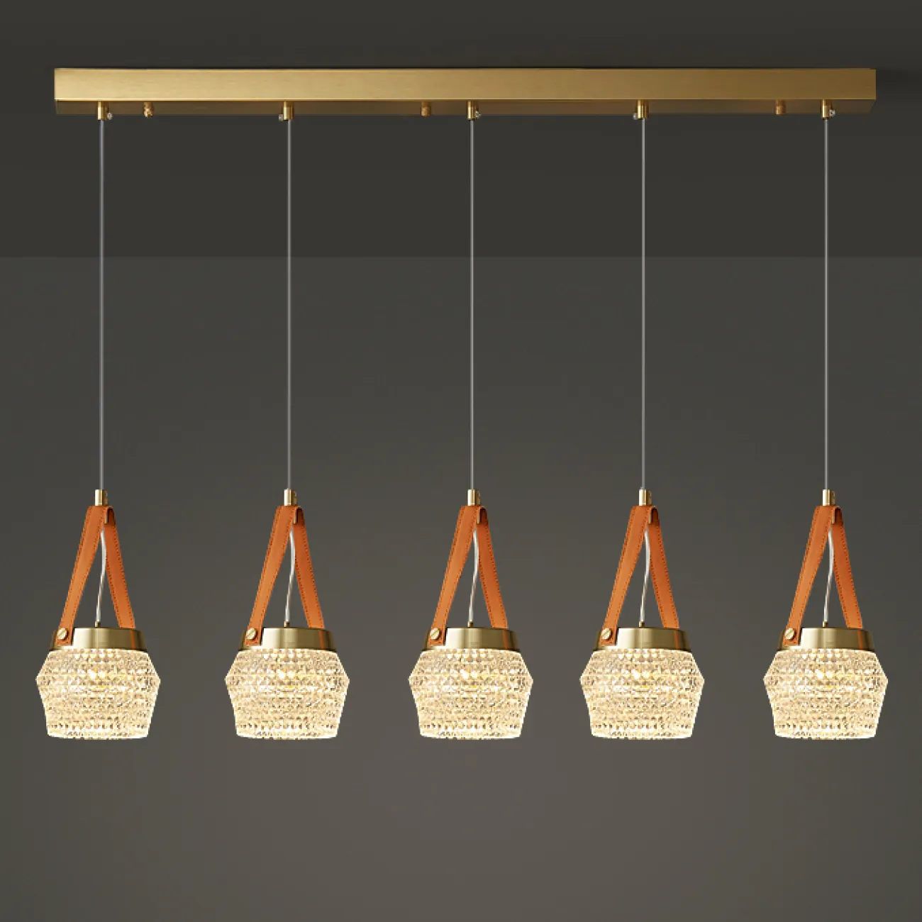 Готовая комбинация подвесных светодиодных светильников с многогранными рельефными плафонами на красных кожаных ремешках CAROL COMBO L76