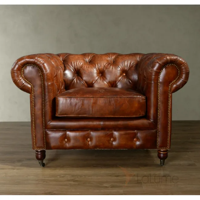 Кожаное кресло с капитоне Chesterfield Brown Leather Armchair 