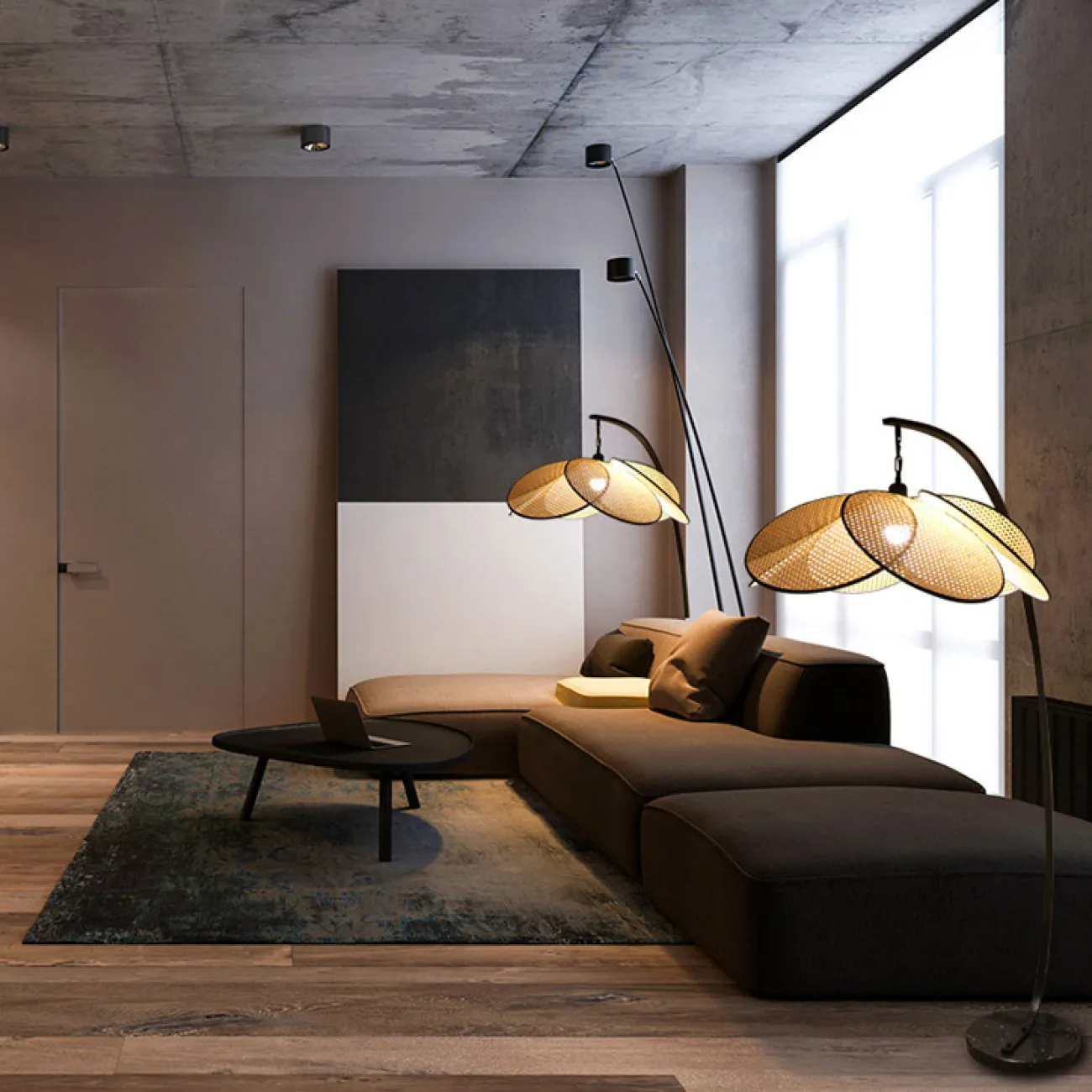 Напольный светильник с купольным абажуром из плетеных бамбуковых дисков на дугообразной стойке RAVDNA FL Напольный светильник с купольным абажуром из плетеных бамбуковых дисков на дугообразной стойке RAVDNA FL