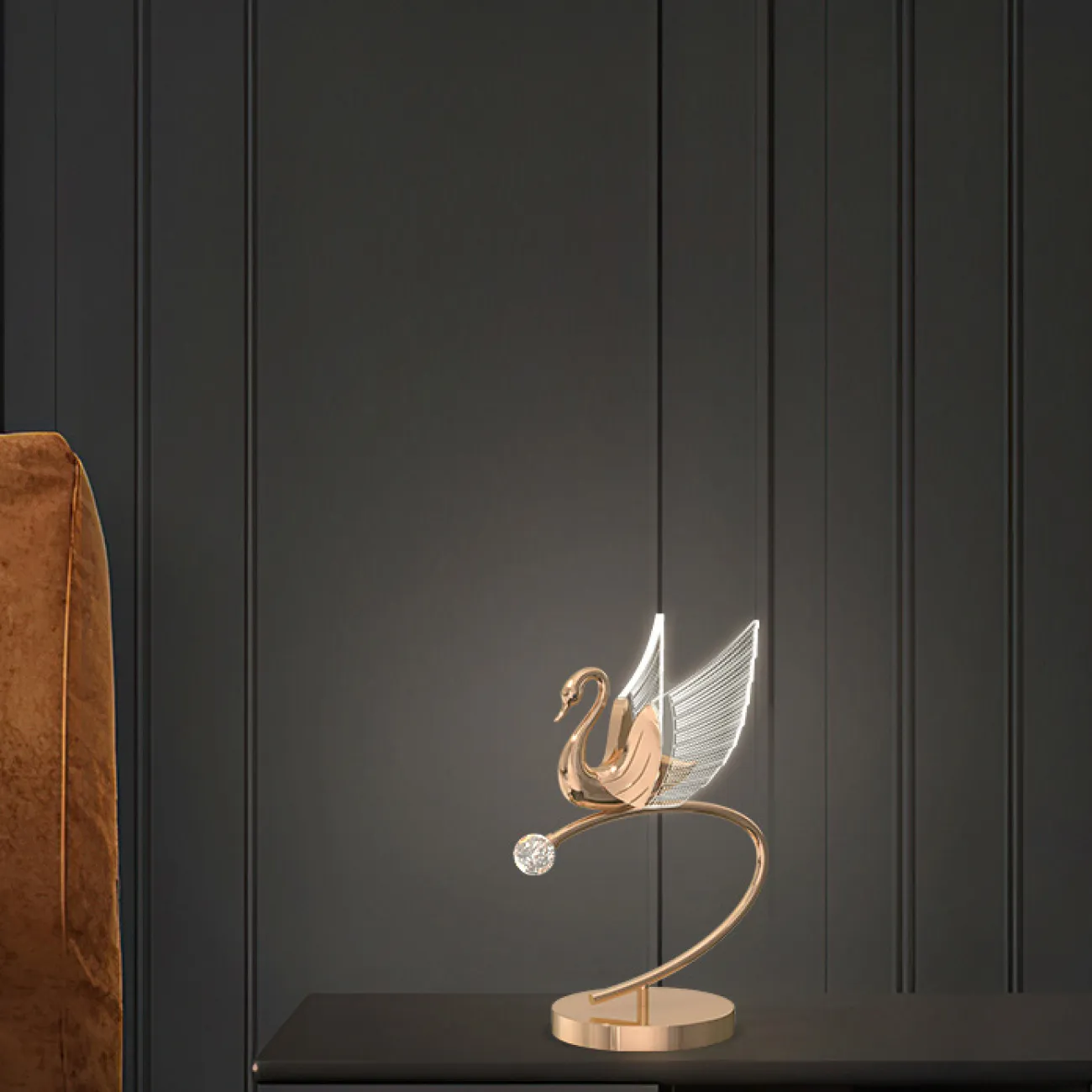 Серия настольных светодиодных ламп с плафонами в виде лебедей со светящимися крыльями BIRDIE TAB B Gold