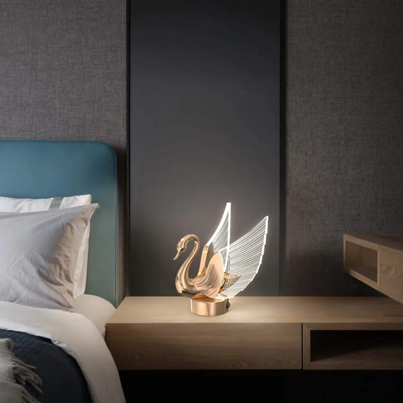 Серия настольных светодиодных ламп с плафонами в виде лебедей со светящимися крыльями BIRDIE TAB B Gold