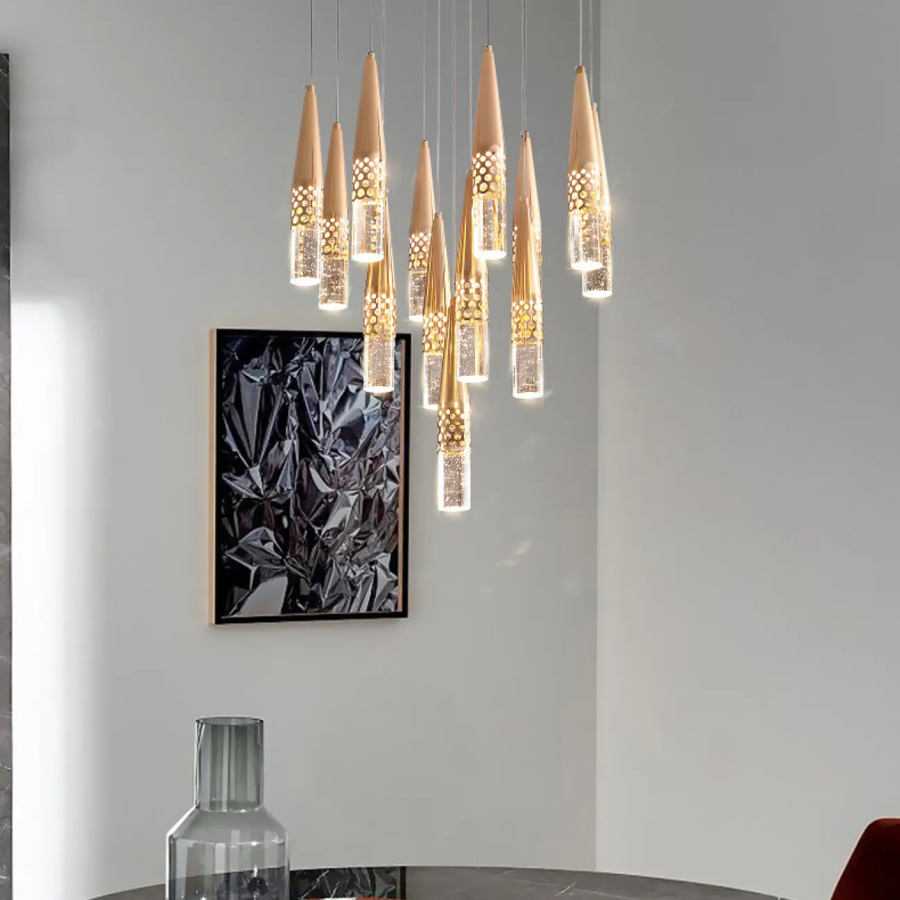 Готовая комбинация подвесных светодиодных светильников с хрустальными рассеивателями в коническом корпусе с перфорацией ICARUS MORE