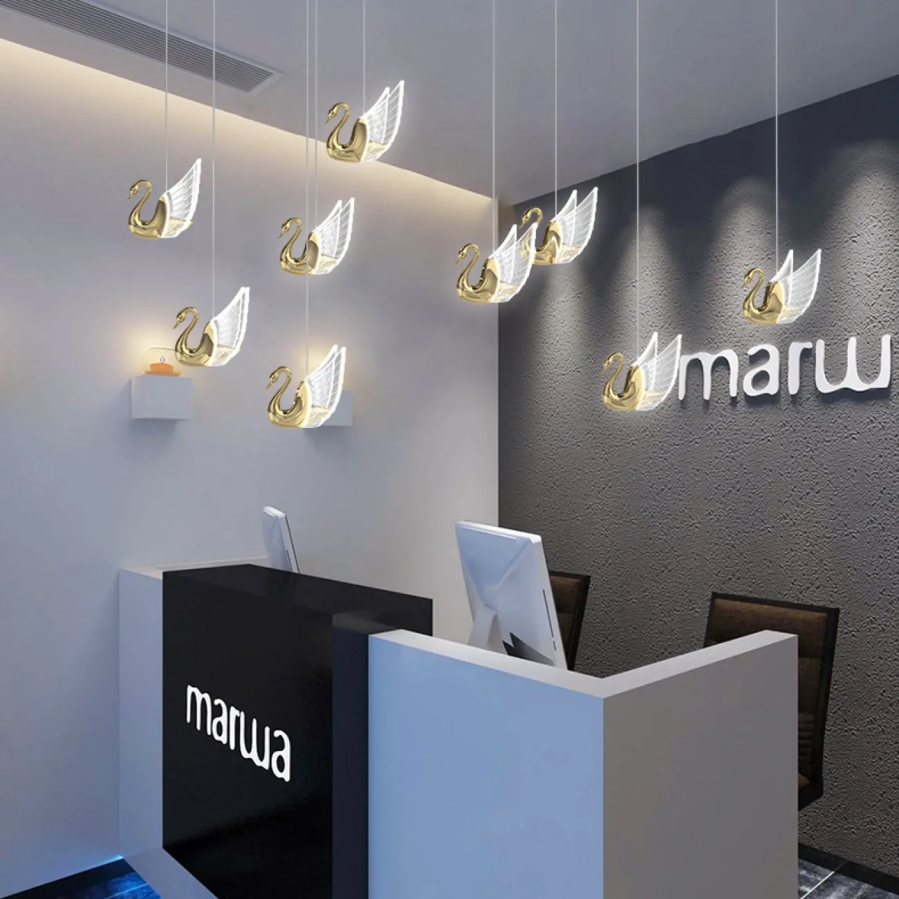 Готовая комбинация подвесных светодиодных светильников с плафонами в виде лебедей со светящимися крыльями BIRDIE COMBO D45