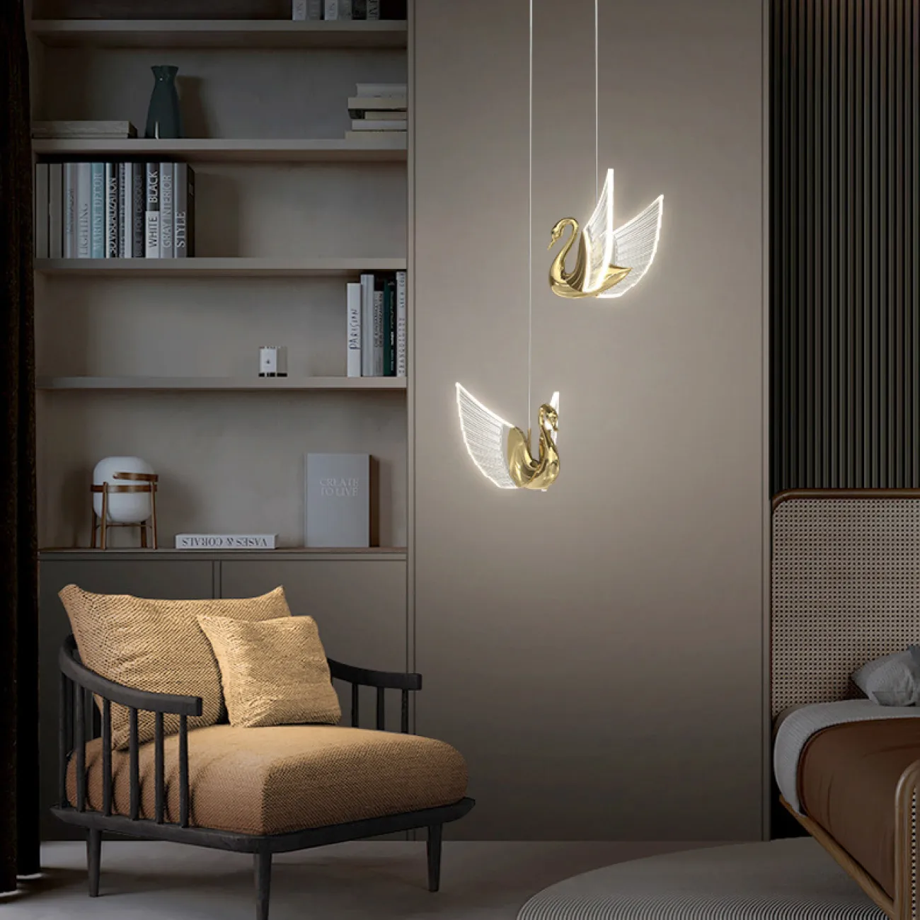 Готовая комбинация подвесных светодиодных светильников с плафонами в виде лебедей со светящимися крыльями BIRDIE COMBO D45