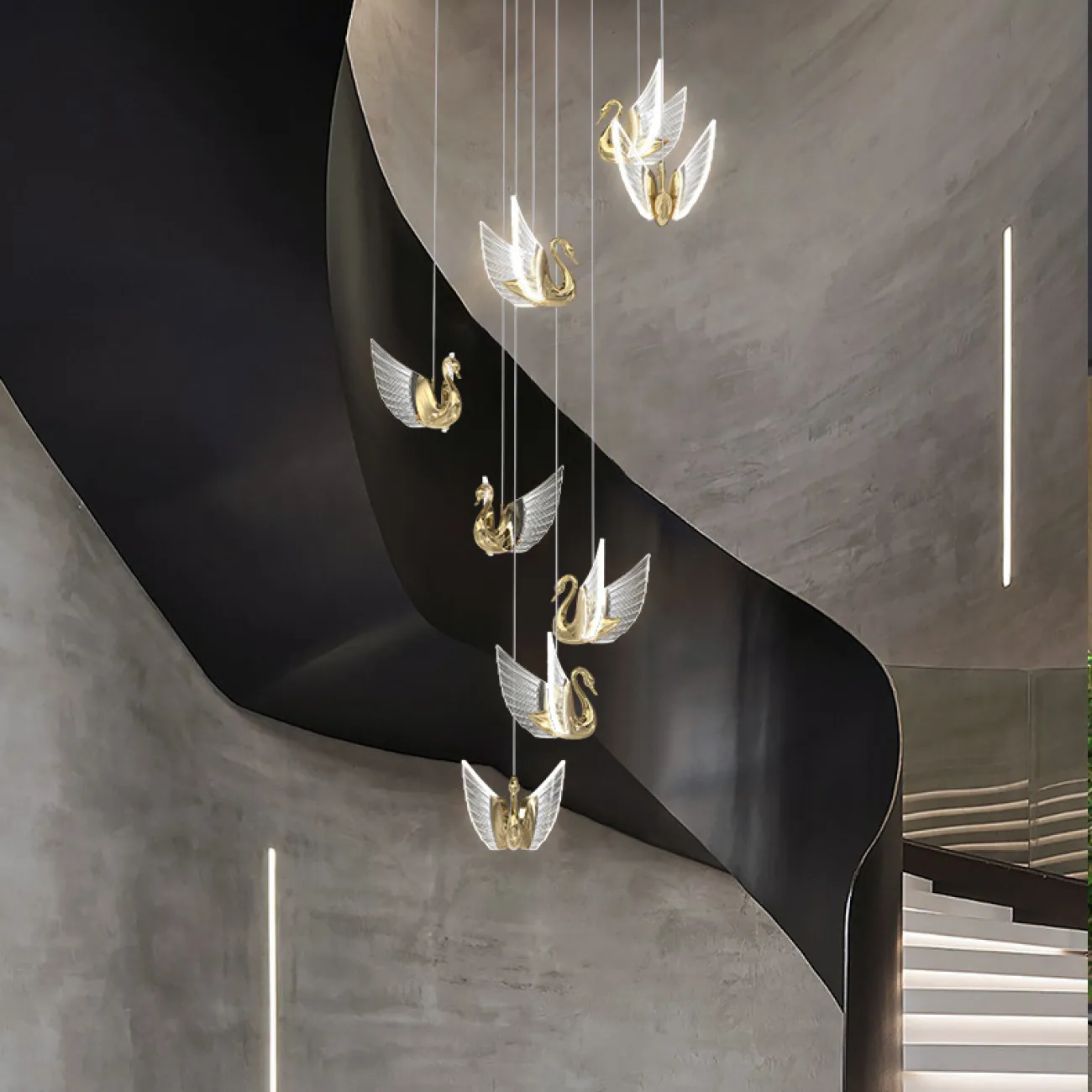 Готовая комбинация подвесных светодиодных светильников с плафонами в виде лебедей со светящимися крыльями BIRDIE COMBO D45