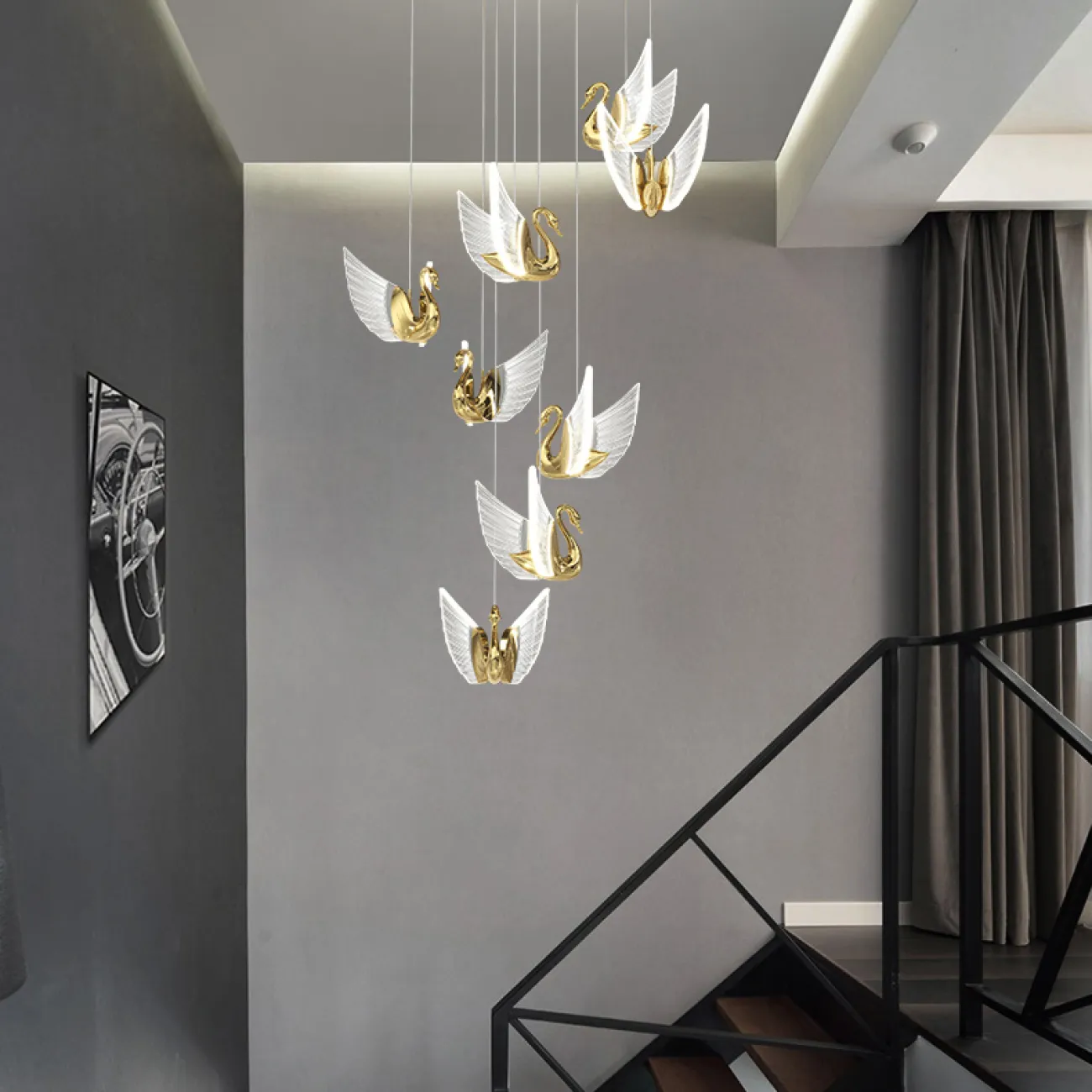 Готовая комбинация подвесных светодиодных светильников с плафонами в виде лебедей со светящимися крыльями BIRDIE COMBO D45