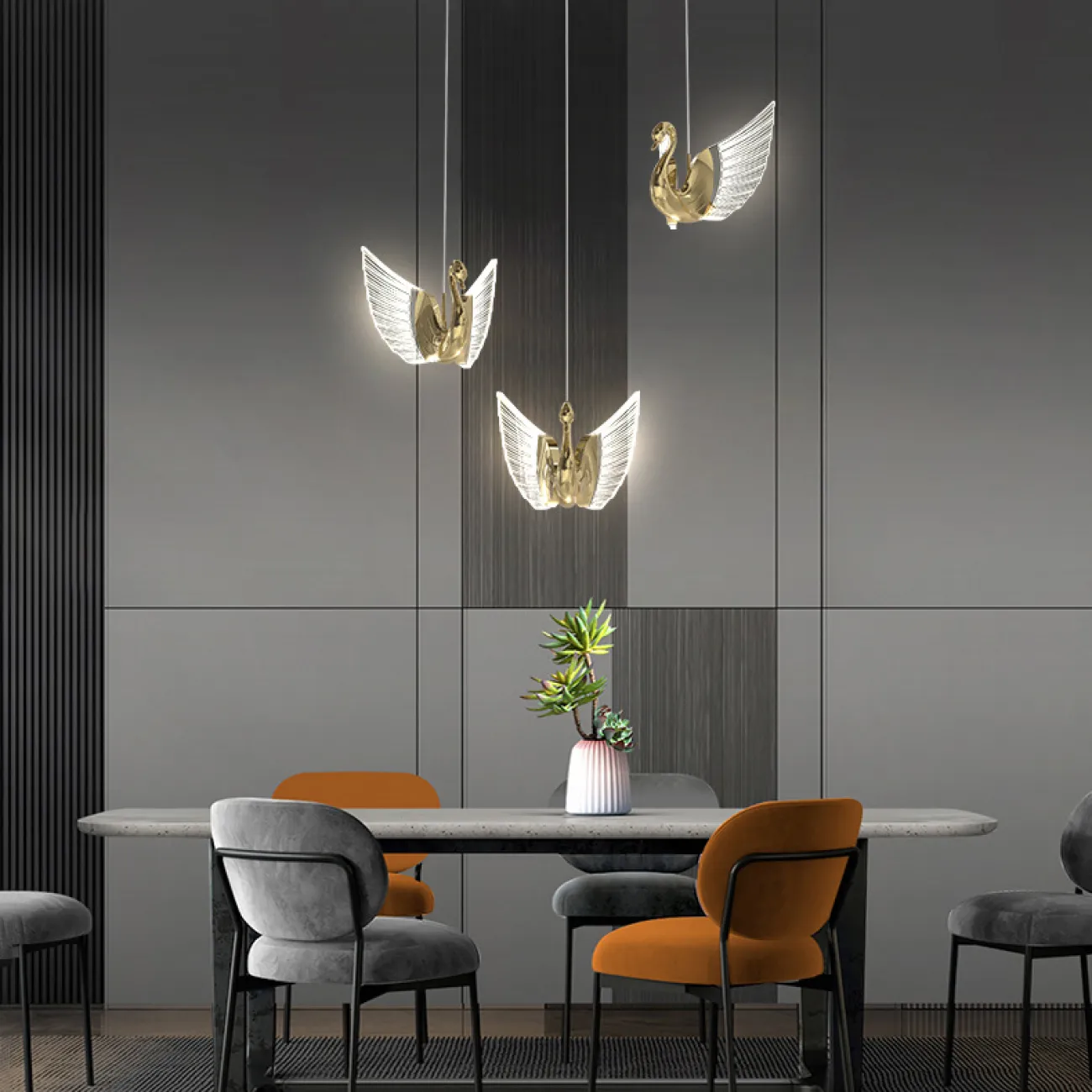 Готовая комбинация подвесных светодиодных светильников с плафонами в виде лебедей со светящимися крыльями BIRDIE COMBO D45