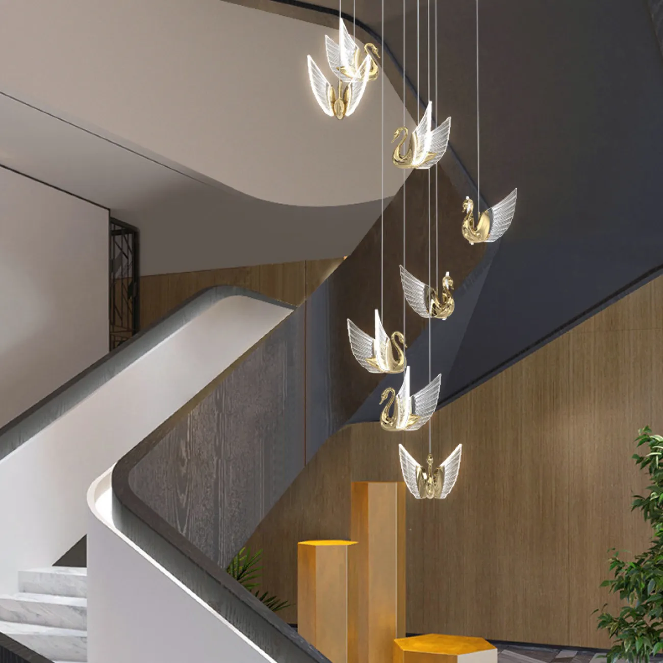 Готовая комбинация подвесных светодиодных светильников с плафонами в виде лебедей со светящимися крыльями BIRDIE COMBO D45