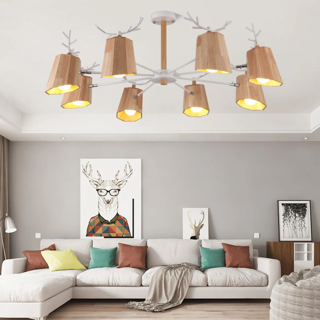 Деревянная люстра в скандинавском стиле с оленьими рожками