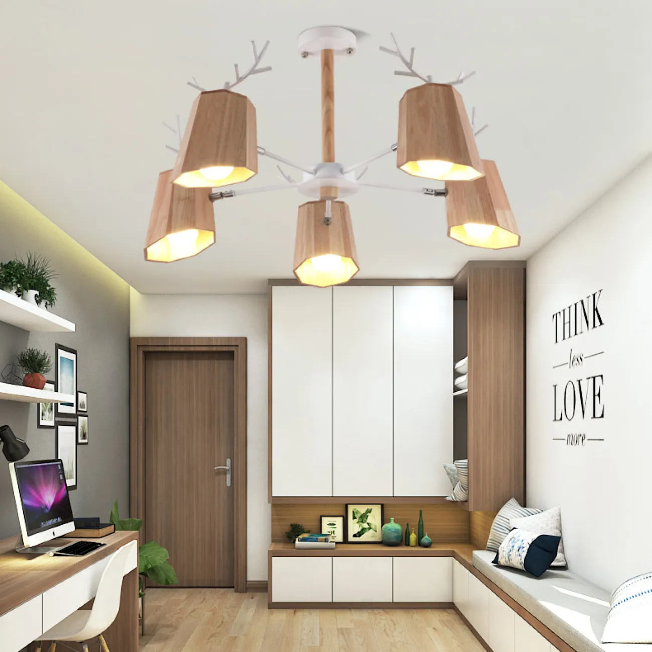 Деревянная люстра в скандинавском стиле с оленьими рожками