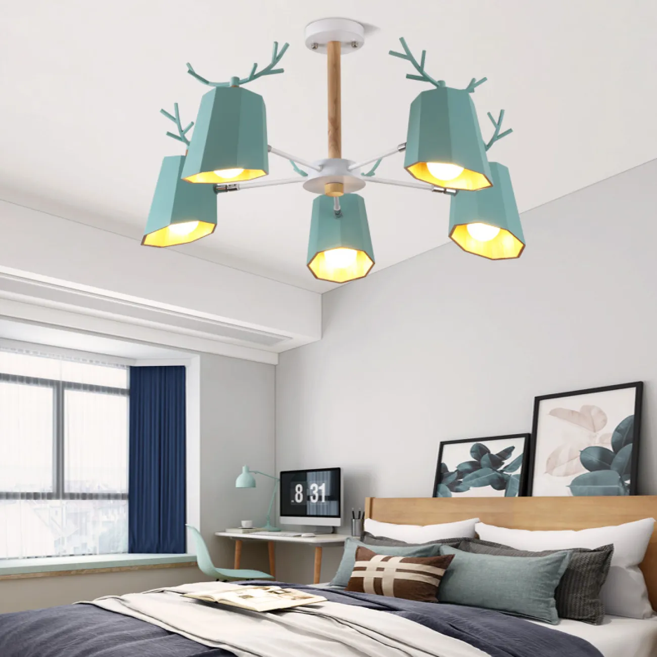 Деревянная люстра в скандинавском стиле с оленьими рожками