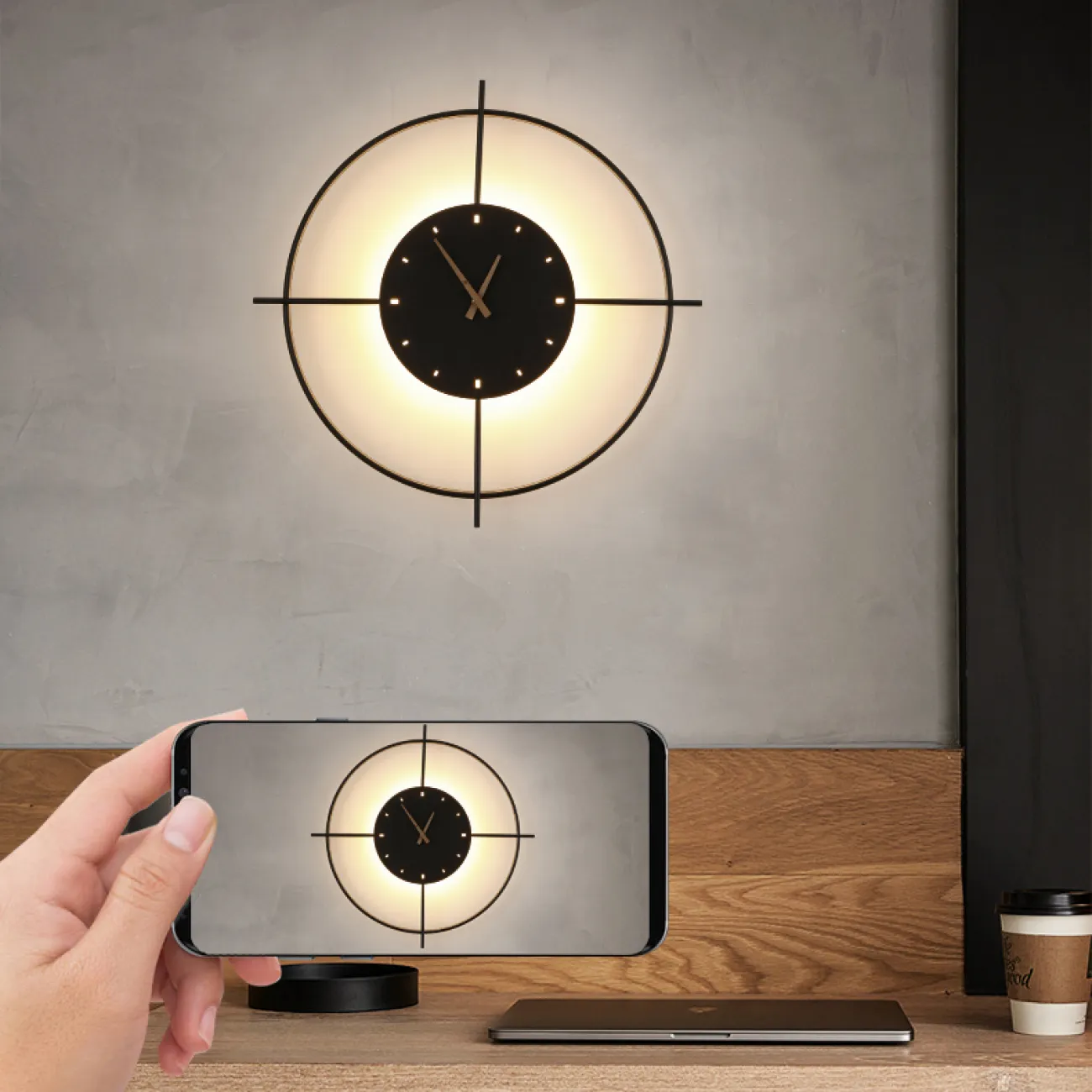 Серия настенных светодиодных светильников в виде композиции металлического кольца и диска с часовым механизмом NINNA Brass Трехцветный свет