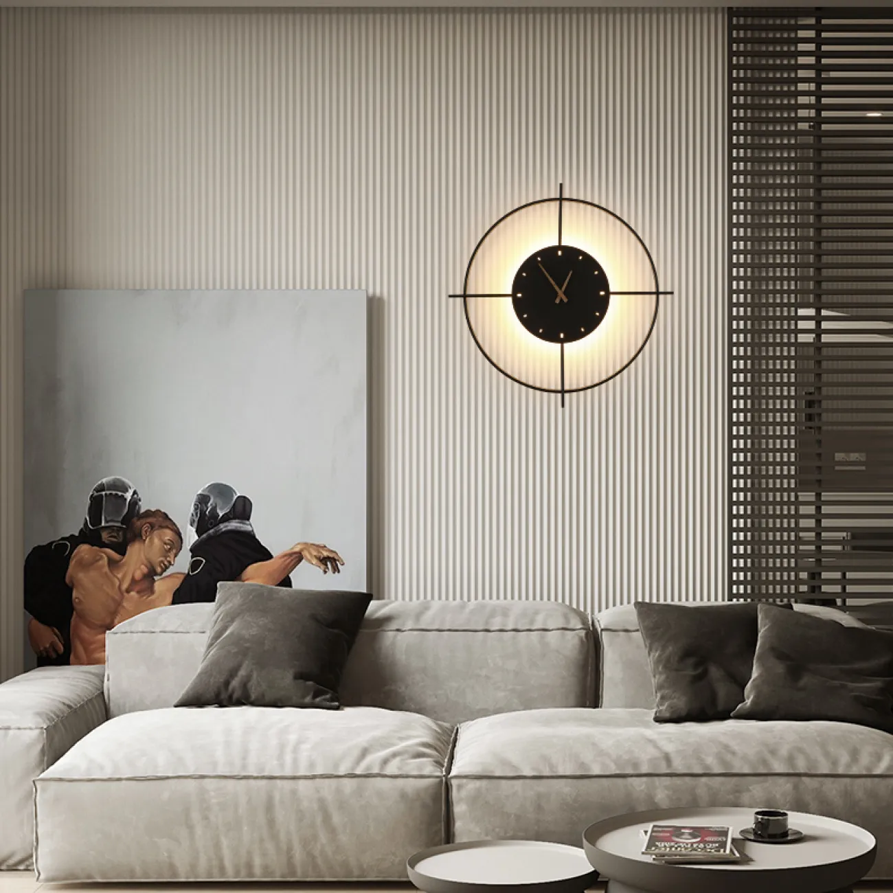 Серия настенных светодиодных светильников в виде композиции металлического кольца и диска с часовым механизмом NINNA Brass Трехцветный свет