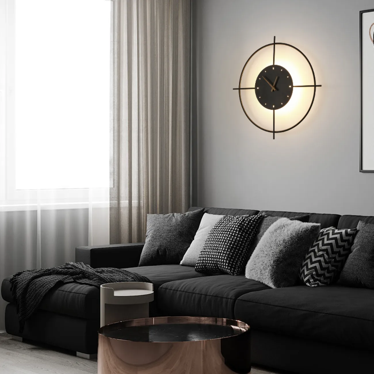 Серия настенных светодиодных светильников в виде композиции металлического кольца и диска с часовым механизмом NINNA Brass Трехцветный свет