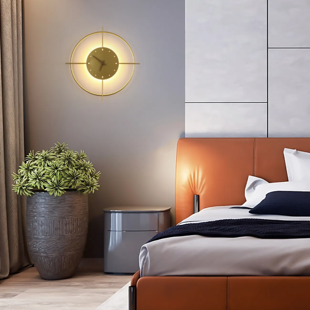 Серия настенных светодиодных светильников в виде композиции металлического кольца и диска с часовым механизмом NINNA Brass Трехцветный свет