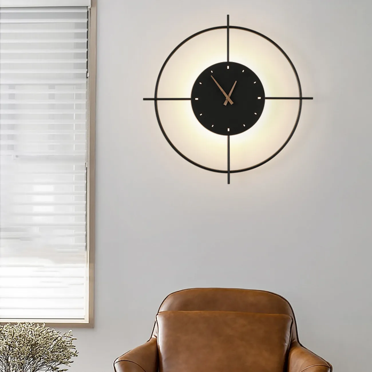 Серия настенных светодиодных светильников в виде композиции металлического кольца и диска с часовым механизмом NINNA Brass Трехцветный свет