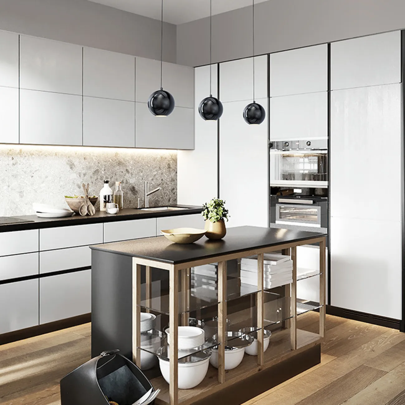 Готовая комбинация подвесных светодиодных светильников с глянцевым черным корпусом шарообразной формы OSTE TRIO L78