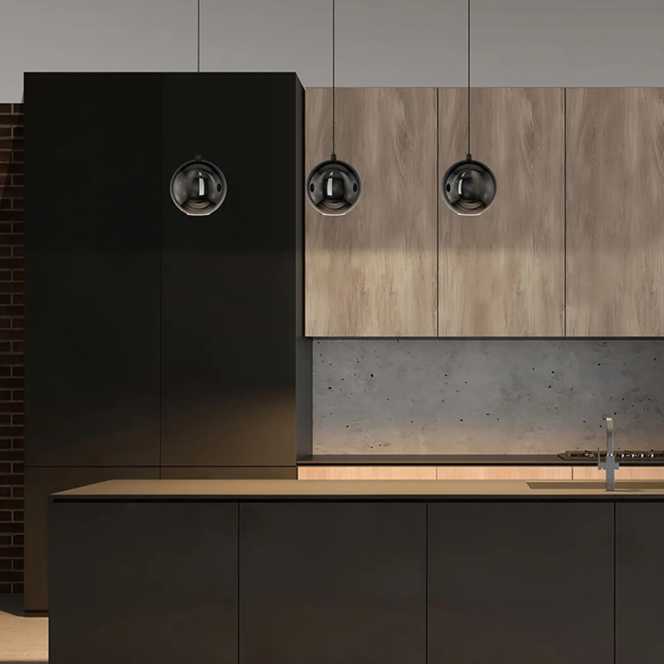 Готовая комбинация подвесных светодиодных светильников с глянцевым черным корпусом шарообразной формы OSTE TRIO L78