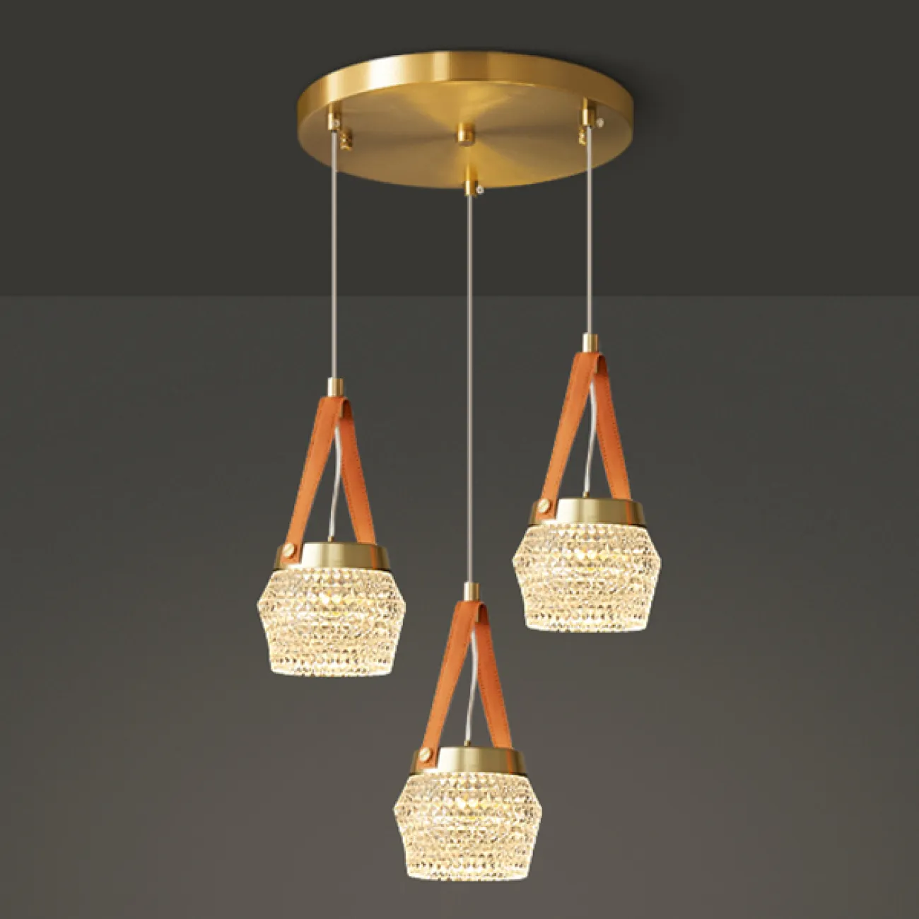 Готовая комбинация подвесных светодиодных светильников с многогранными рельефными плафонами на красных кожаных ремешках CAROL COMBO D30