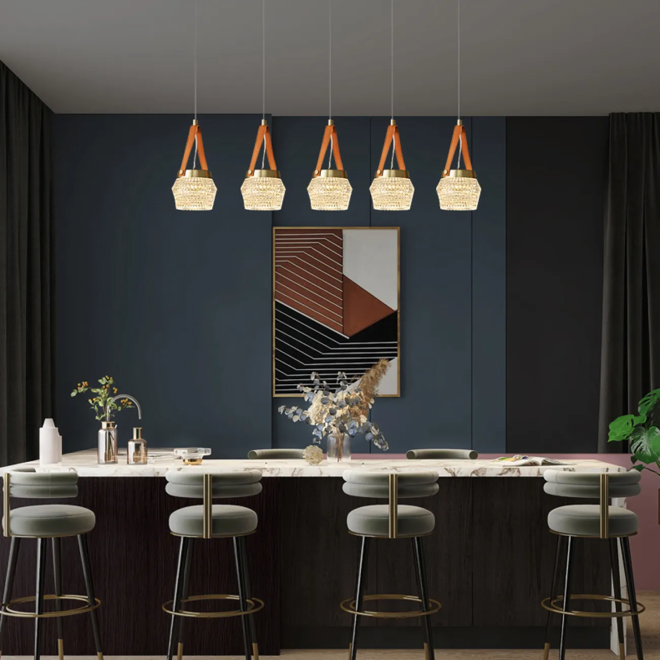 Готовая комбинация подвесных светодиодных светильников с многогранными рельефными плафонами на красных кожаных ремешках CAROL COMBO L56 Готовая комбинация подвесных светодиодных светильников с многогранными рельефными плафонами на красных кожаных ремешках CAROL COMBO L56