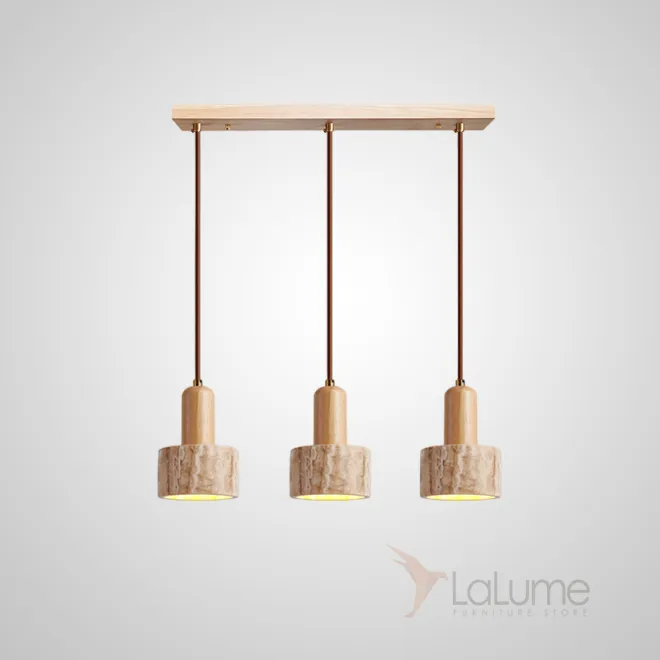 Готовая комбинация подвесных светильников с цилиндрическим и купольным абажуром из камня травертина с деревянным цокалем JAMTE COMBO A L3 Планка