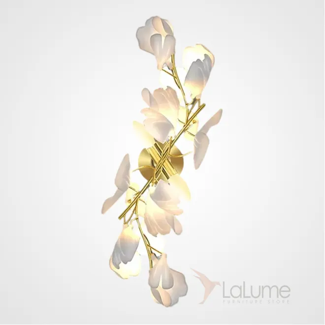 Серия настенных светильников на ветвистом каркасе с белыми рассеивателями, имитирующими листья гинкго JULIETTA WALL L2