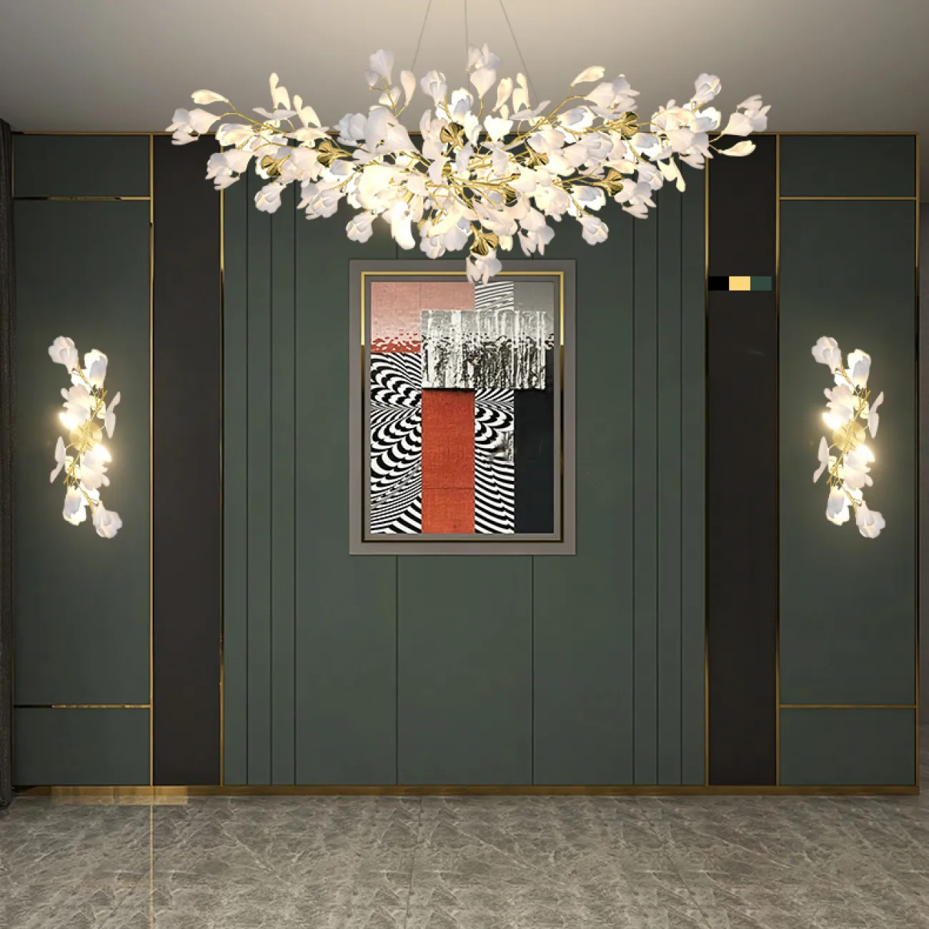 Серия настенных светильников на ветвистом каркасе с белыми рассеивателями, имитирующими листья гинкго JULIETTA WALL L2