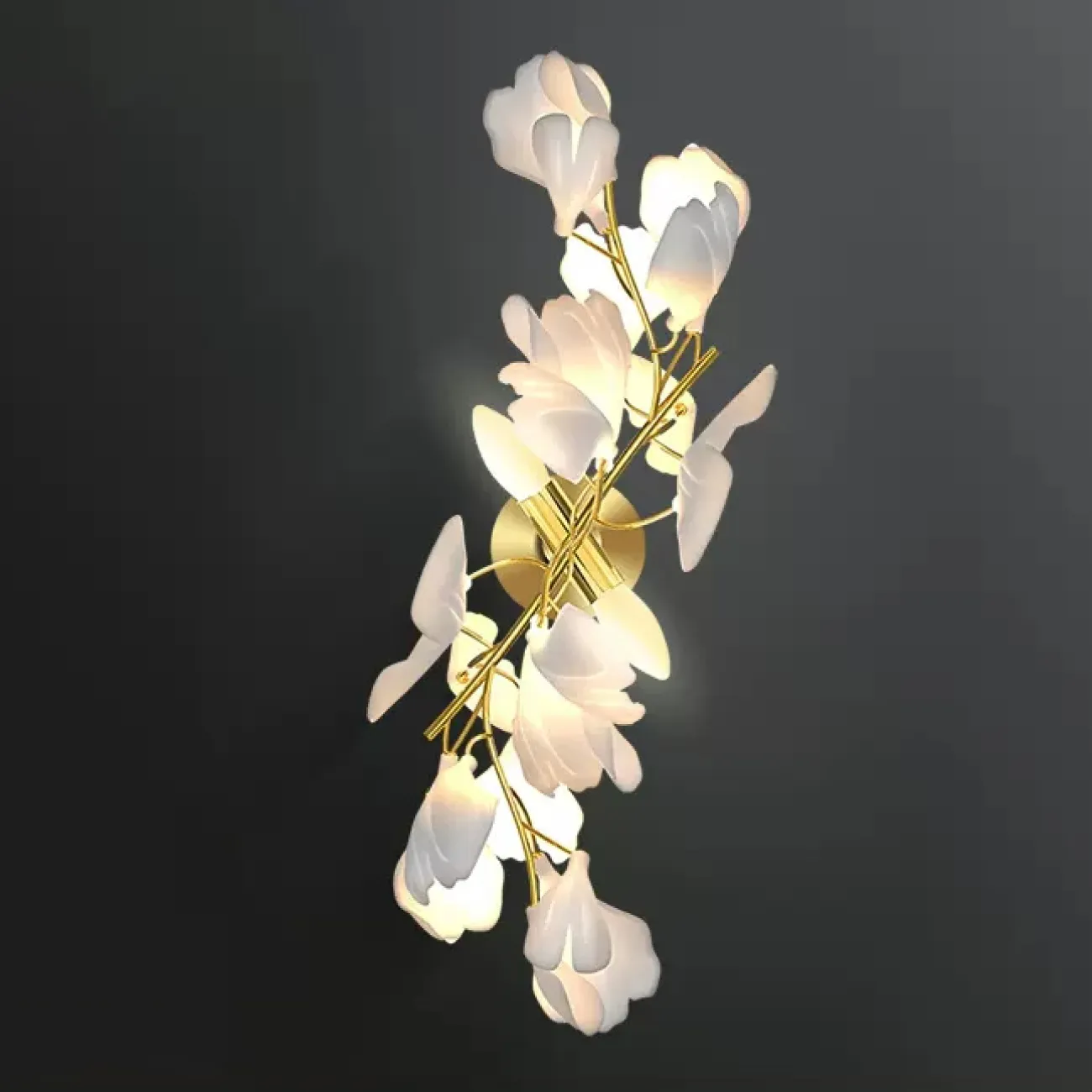 Серия настенных светильников на ветвистом каркасе с белыми рассеивателями, имитирующими листья гинкго JULIETTA WALL L2