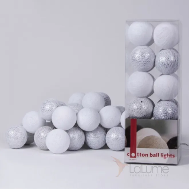 Гирлянда хлопковые фонарики Сotton Ball White-Silver