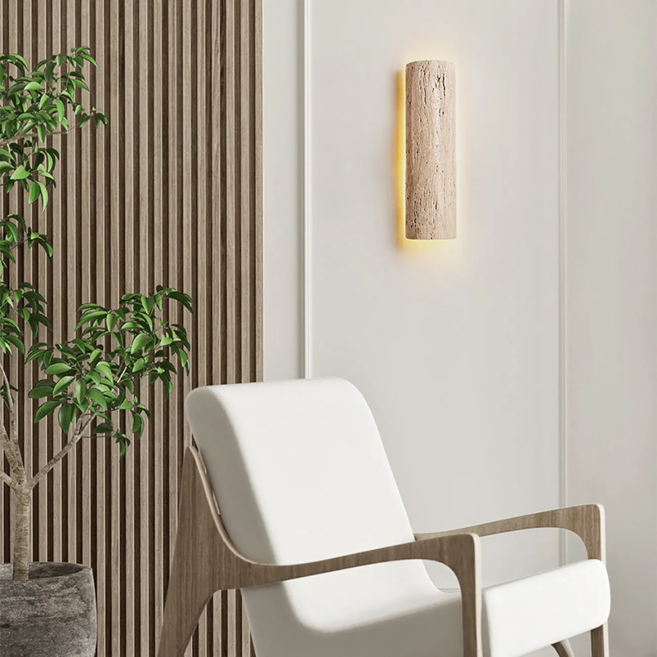 Серия настенных светодиодных светильников с вытянутым цилиндрическим корпусом из желтого камня травертина RAIKO L60 Серия настенных светодиодных светильников с вытянутым цилиндрическим корпусом из желтого камня травертина RAIKO L60