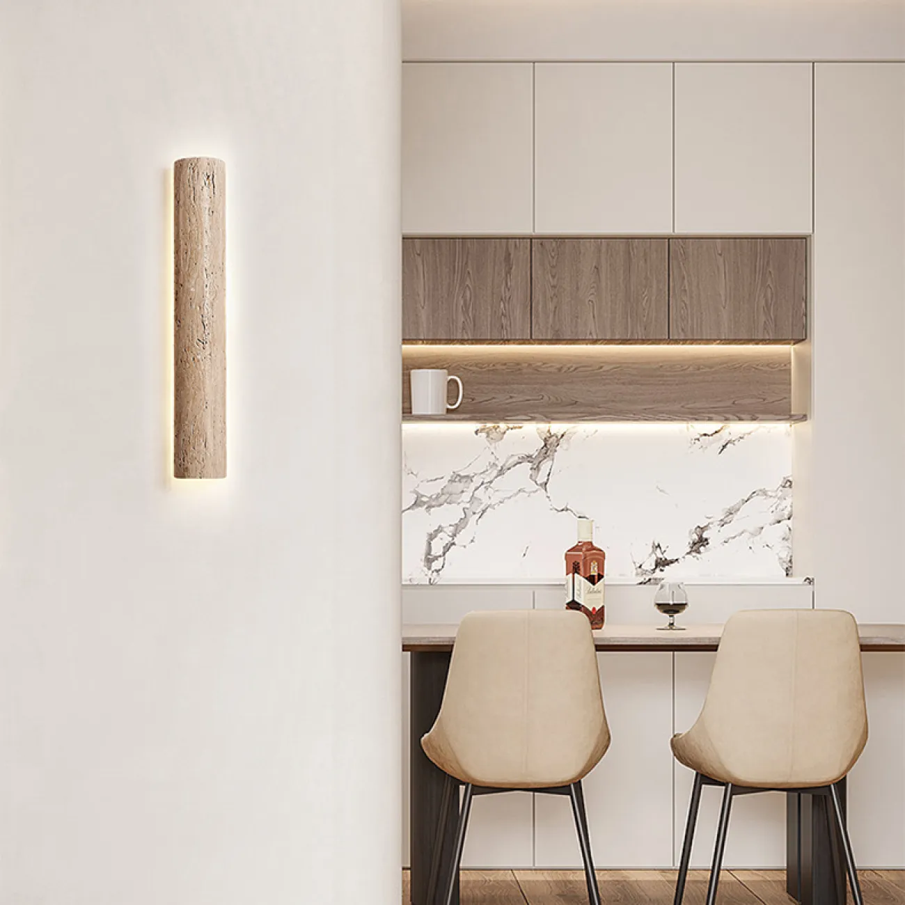 Серия настенных светодиодных светильников с вытянутым цилиндрическим корпусом из желтого камня травертина RAIKO L60 Серия настенных светодиодных светильников с вытянутым цилиндрическим корпусом из желтого камня травертина RAIKO L60