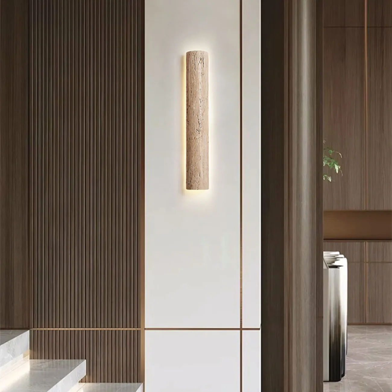 Серия настенных светодиодных светильников с вытянутым цилиндрическим корпусом из желтого камня травертина RAIKO L60 Серия настенных светодиодных светильников с вытянутым цилиндрическим корпусом из желтого камня травертина RAIKO L60