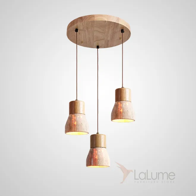 Готовая комбинация подвесных светильников с геометрическими плафонами из камня травертина с деревянной отделкой MELIUS TRIO A Light brown Диск