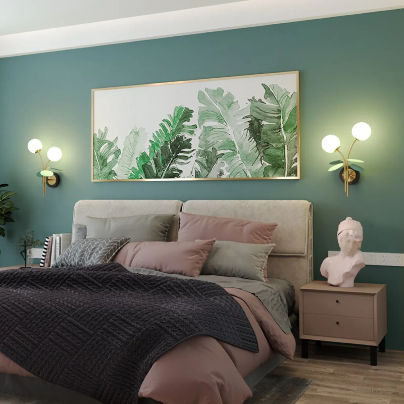 Серия бра с двумя белыми шарообразными плафонами и голубыми декоративными дисками на изогнутых рожках MATISSE B WALL Right