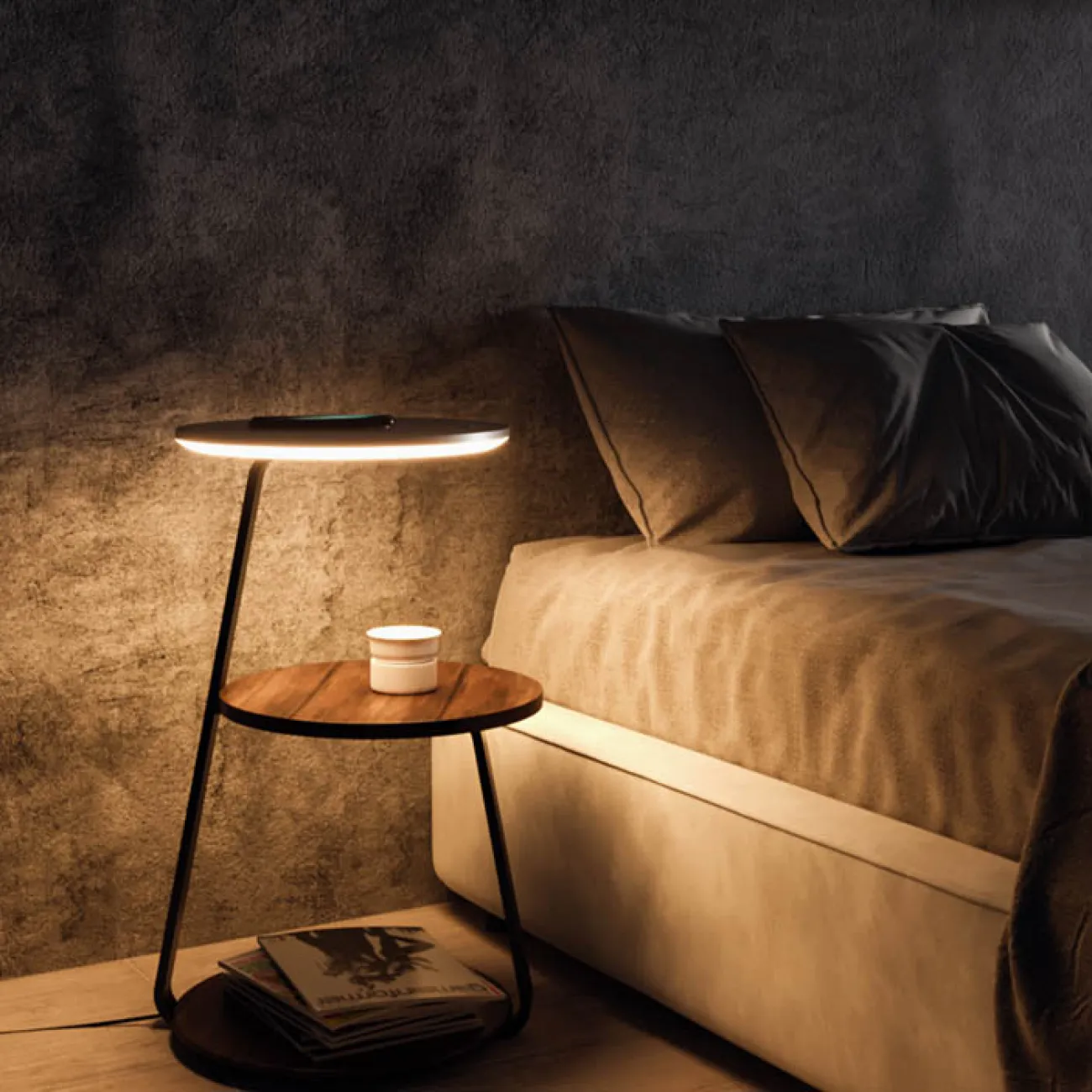 Светодиодный напольный светильник с дисковидным светящемся столиком и двумя дополнительными деревянными полками PHOEBE SHELF