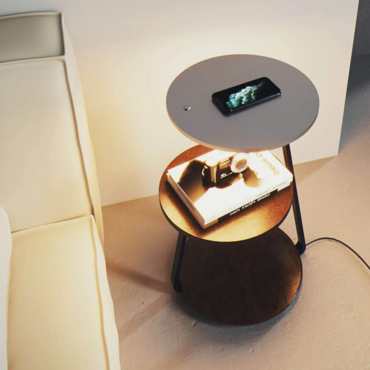 Светодиодный напольный светильник с дисковидным светящемся столиком и двумя дополнительными деревянными полками PHOEBE SHELF