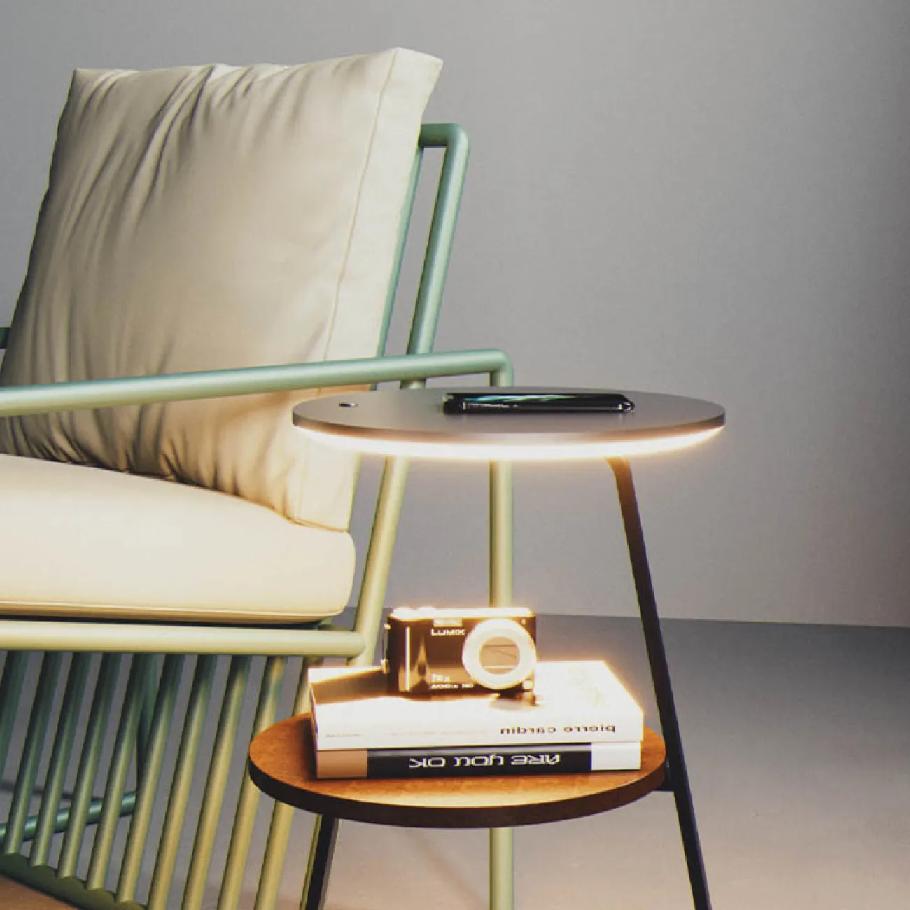 Светодиодный напольный светильник с дисковидным светящемся столиком и двумя дополнительными деревянными полками PHOEBE SHELF