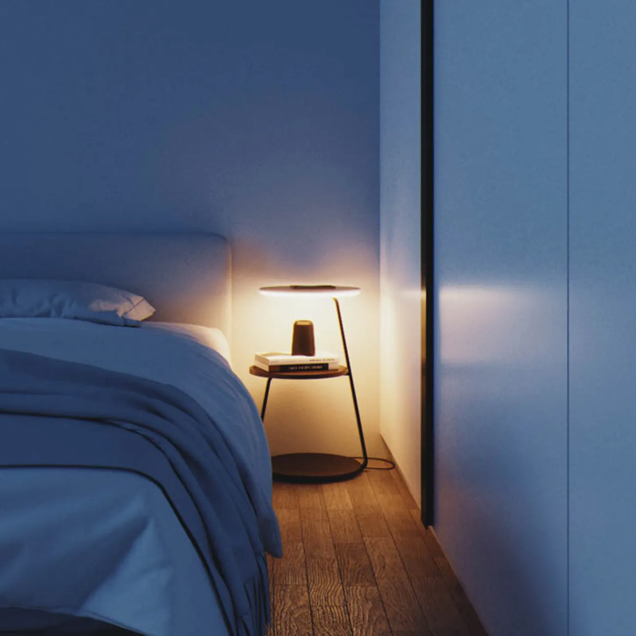 Светодиодный напольный светильник с дисковидным светящемся столиком и двумя дополнительными деревянными полками PHOEBE SHELF