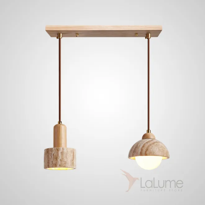 Готовая комбинация подвесных светильников с цилиндрическим и купольным абажуром из камня травертина с деревянным цокалем JAMTE COMBO B L2 Планка