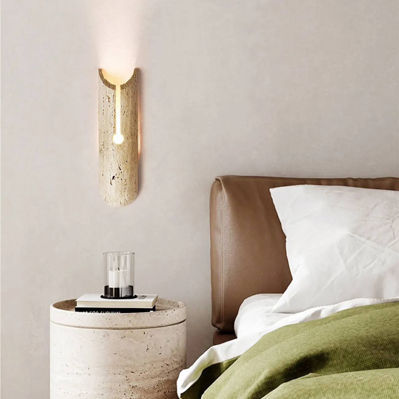 Настенный светодиодный светильник с фигурным корпусом со скругленными краями из желтого камня травертина RIMBERT Настенный светодиодный светильник с фигурным корпусом со скругленными краями из желтого камня травертина RIMBERT