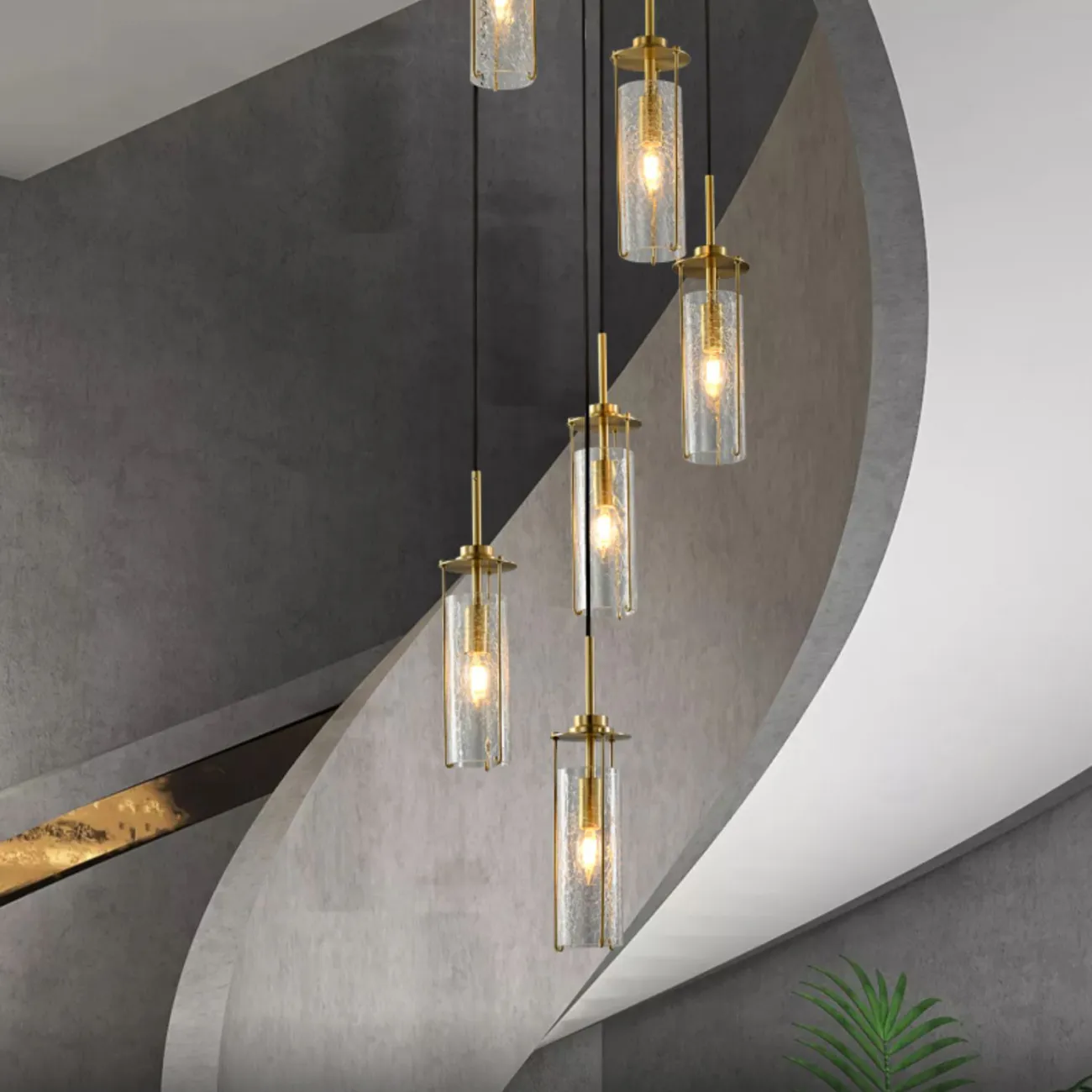 Готовая комбинация подвесных светильников с цилиндрическими плафонами из кракелированного стекла в металлических держателях GABRIELLA MORE