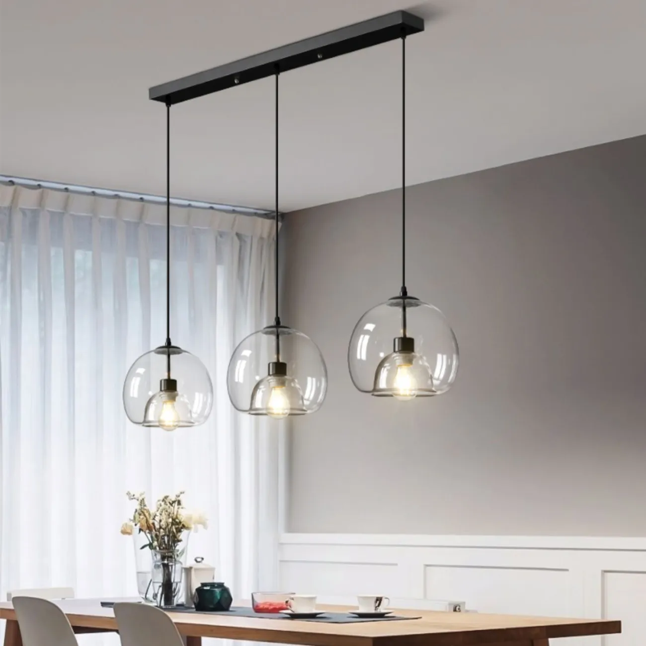  Готовая комбинация подвесных светильников с двойными шарообразными плафонами из тонированного и прозрачного стекла FOCUS TRIO L80 Transparent