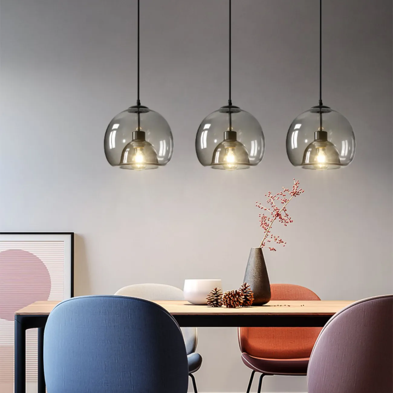  Готовая комбинация подвесных светильников с двойными шарообразными плафонами из тонированного и прозрачного стекла FOCUS TRIO L80 Transparent