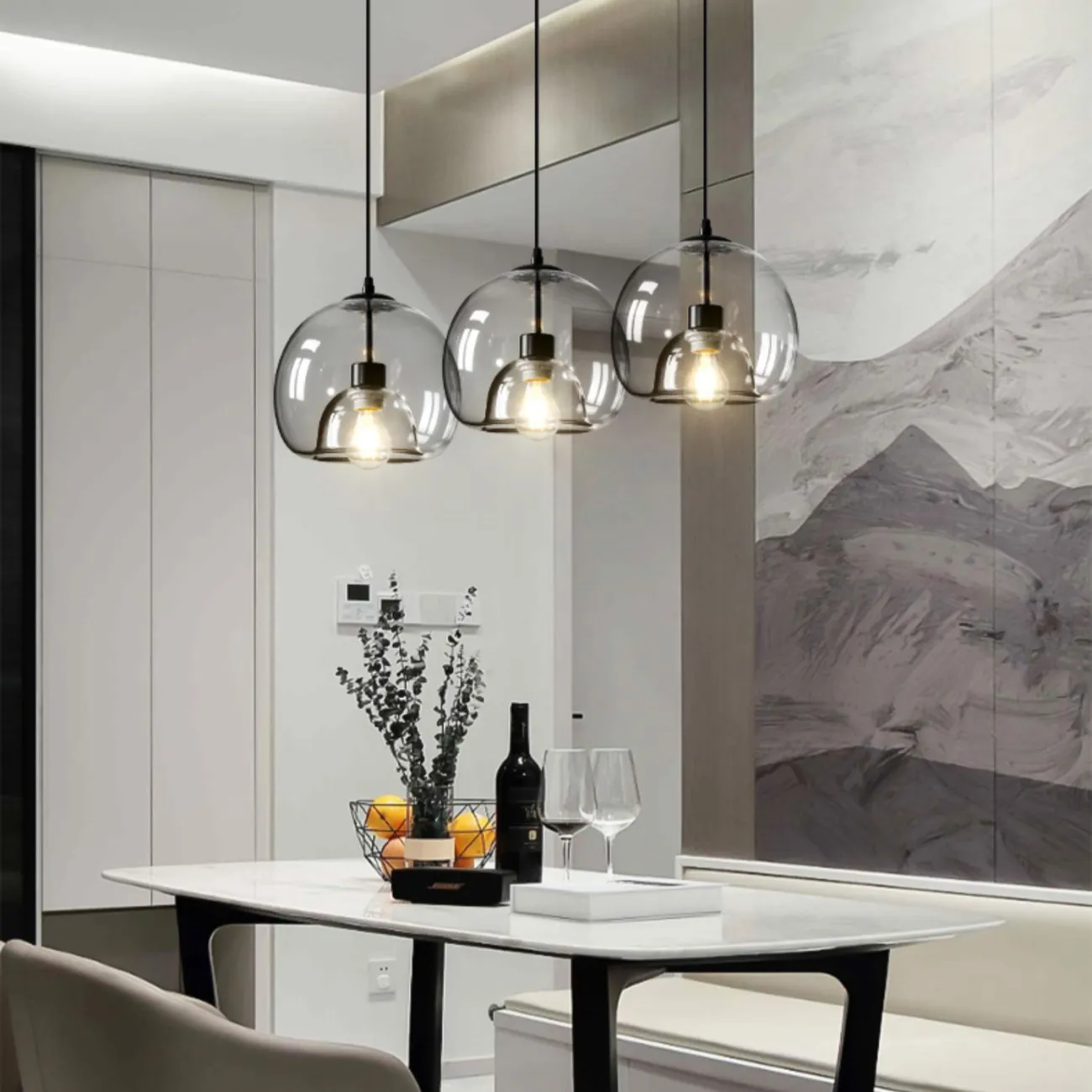  Готовая комбинация подвесных светильников с двойными шарообразными плафонами из тонированного и прозрачного стекла FOCUS TRIO L80 Transparent