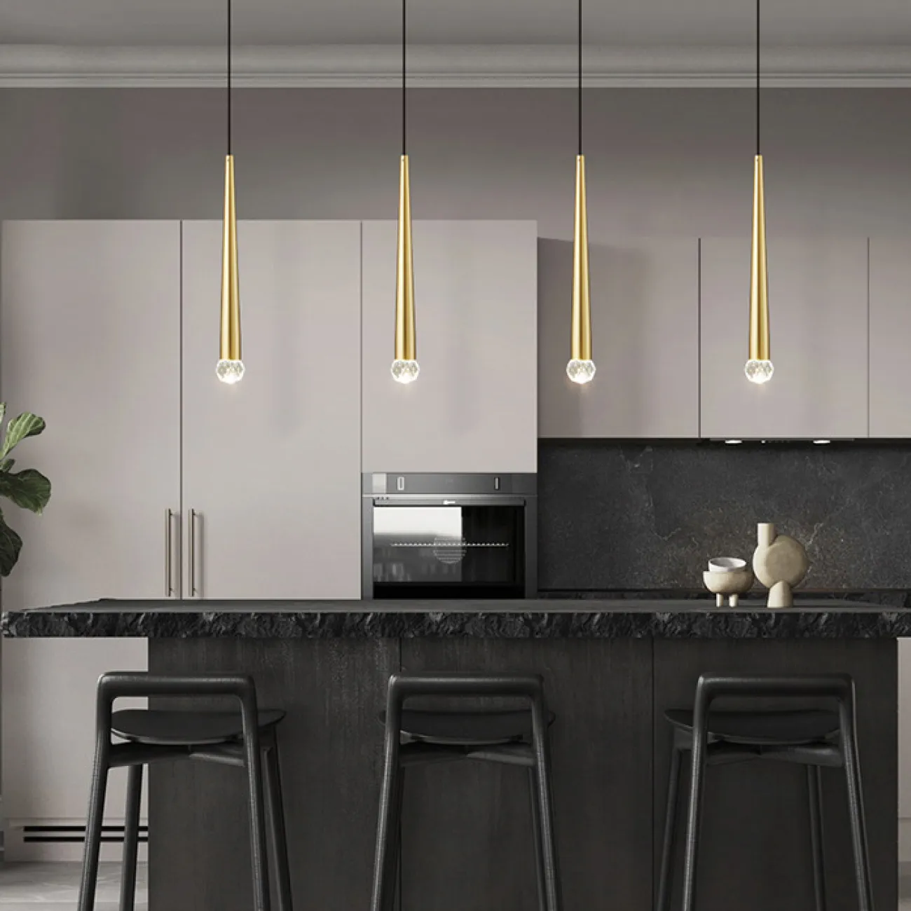 Готовая комбинация подвесных светодиодных светильников с плафонами удлиненной конической формы и декором в виде хрустальных камней MAGRIT LUX MORE L2 Black