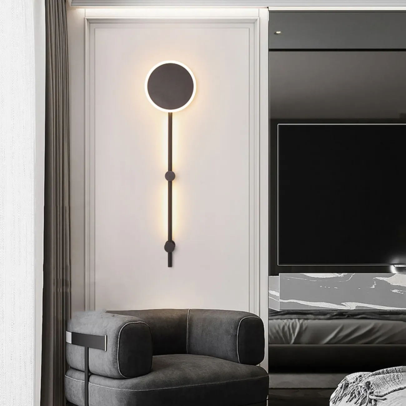 Серия настенных светильников в виде комбинации дисковидного плафона и вертикальной стойки с внешней LED-подсветкой MARA H100 White 4000К