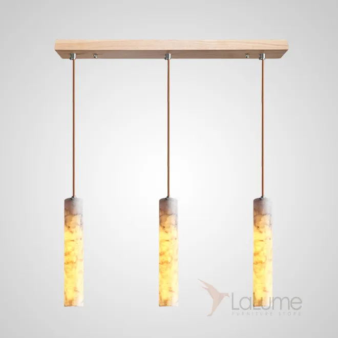 Готовая комбинация подвесных светильников с цилиндрическим корпусом из белого мрамора и деревянным креплением REOR COMBO C L3 Планка