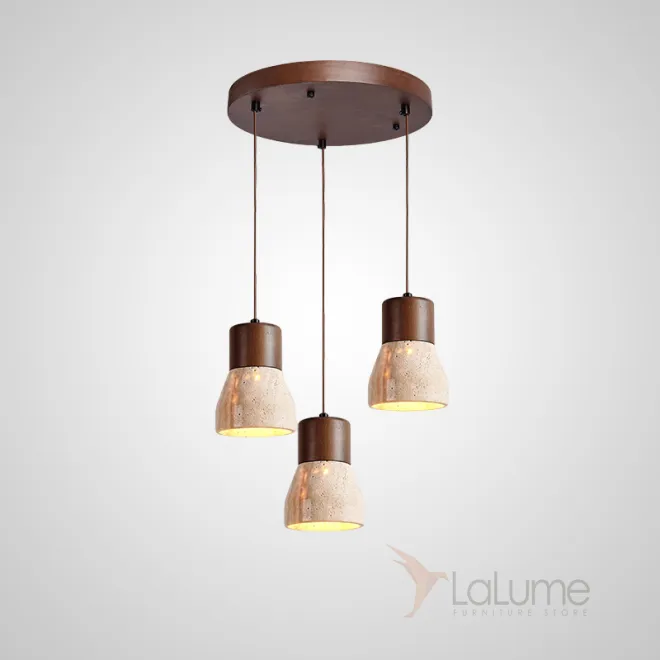 Готовая комбинация подвесных светильников с геометрическими плафонами из камня травертина с деревянной отделкой MELIUS TRIO A Dark brown Диск