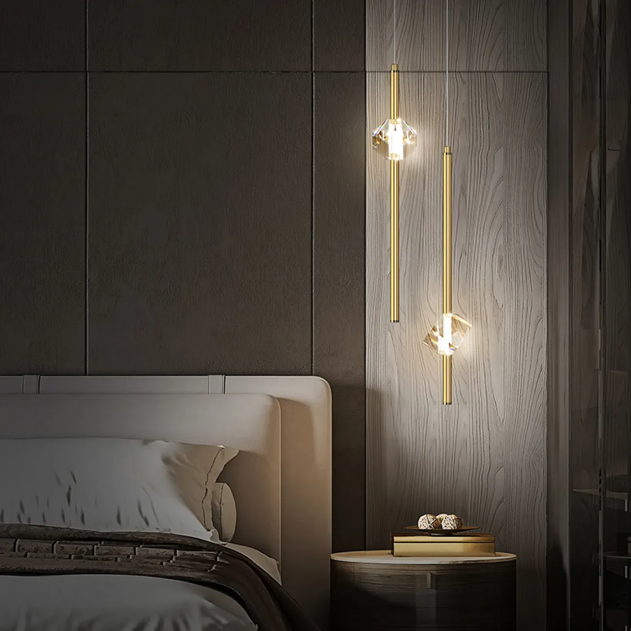 Готовая комбинация подвесных светильников с двумя хрустальными плафонами в виде скошенных камней на вертикальном трубчатом каркасе PARDIS DUO Black