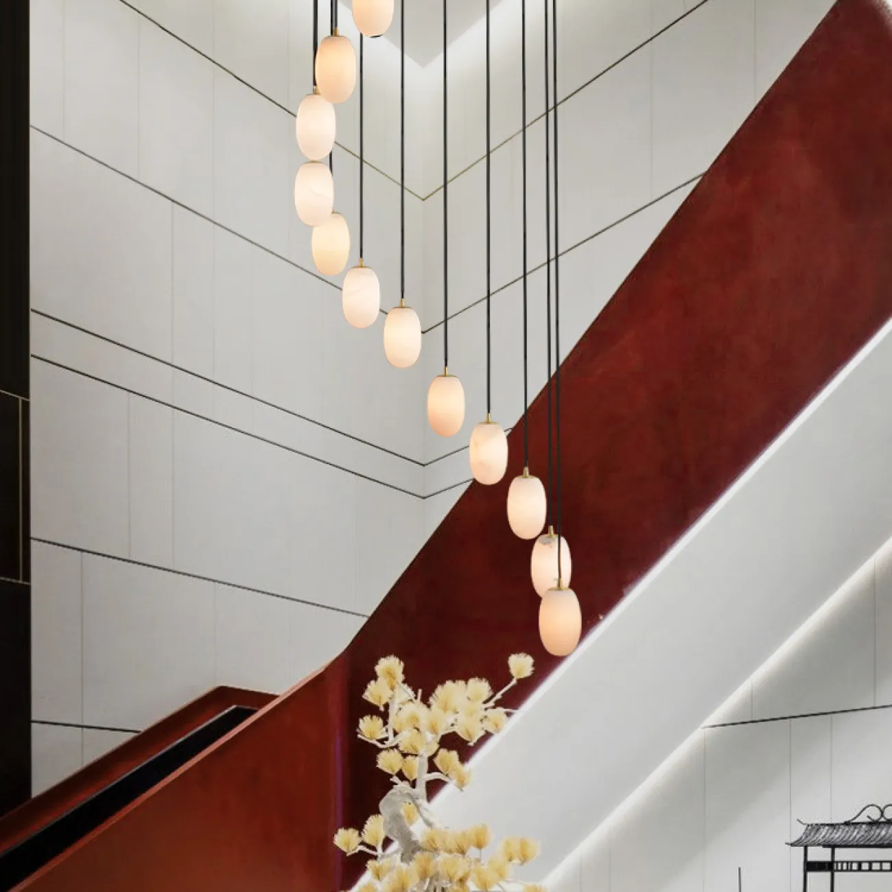 Готовая комбинация подвесных светильников с шаровидными плафонами из натурального белого мрамора LOU MORE D30